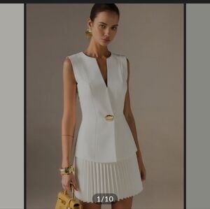 Commense White V-Neck Pleated Mini Dress